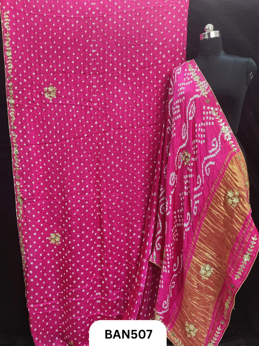 Semi gaji silk tissue pallu dani bandhej saree with khatli handwork