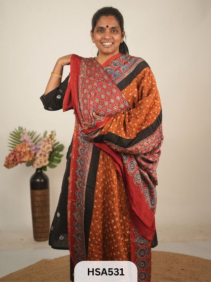 MODAL AJRAKH WITH BANDHINI SAREE