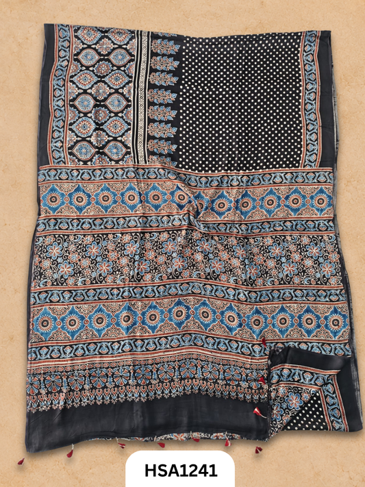 Natural Dye Vegetable Hand Block Print Ajrakh Print Pure Modal Silk Saree