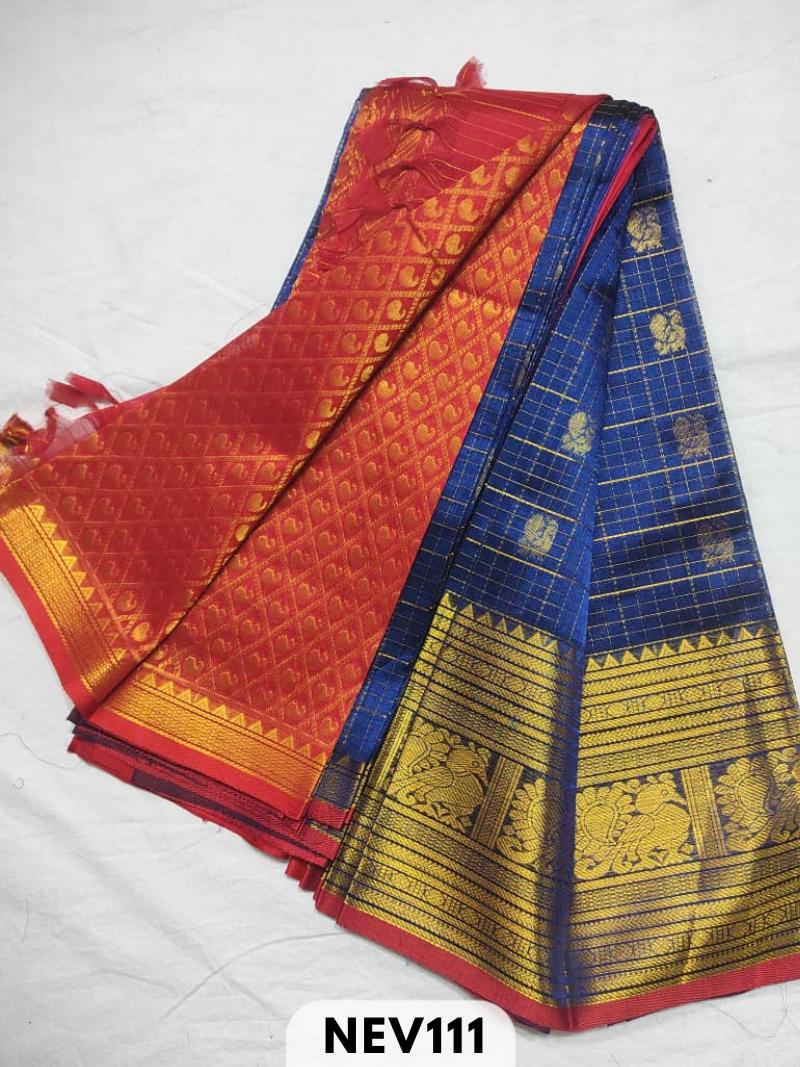Handloom Silkcotton Long border zari checked butta with rich pallu saree