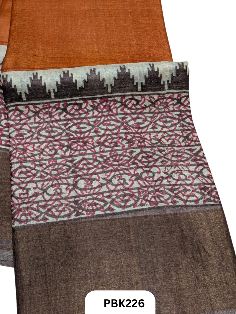 Premium Pure Tussar Silk Handblock Print Saree – Kolkata Special