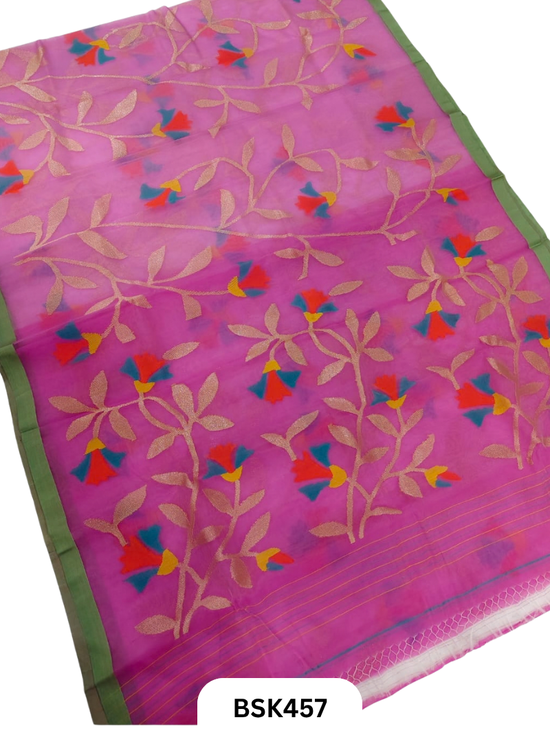Handloom Pure Muslin Jamdhani Needle Work Weave Saree