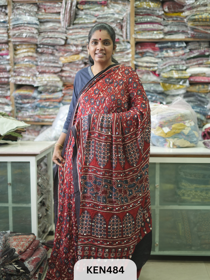 MODAL NATURAL AJRAKH HANDBLOCK SAREE WITH GLUE MIRROR