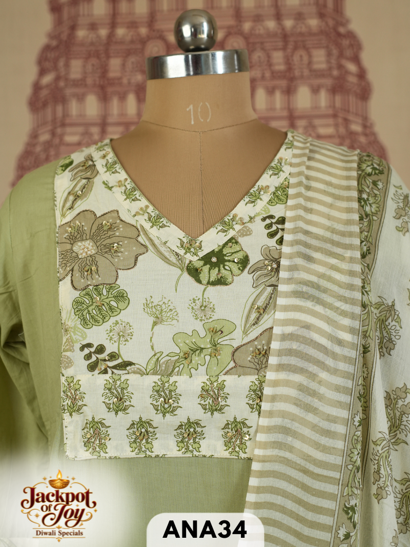 pure mulcotton sangner handblock stitched 3 pcs suit