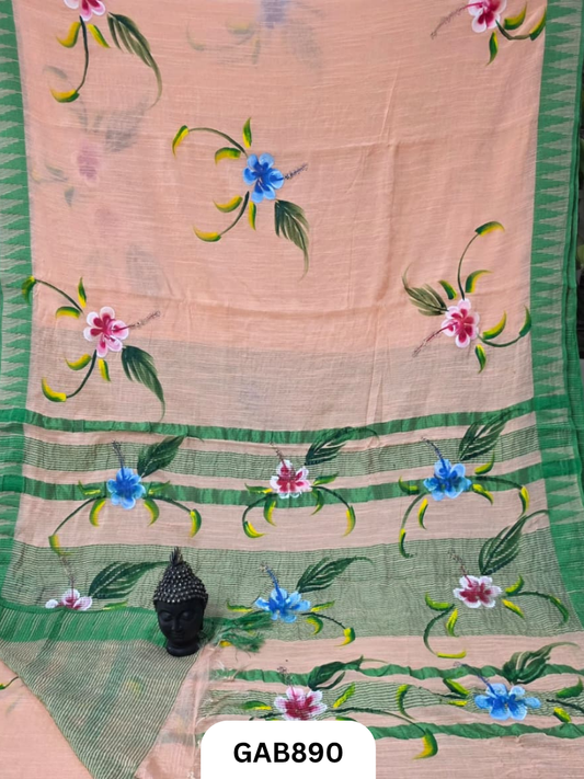 Temple Zari Border Hand Block Printed Katan Cotton Silk Saree With Running Blouse