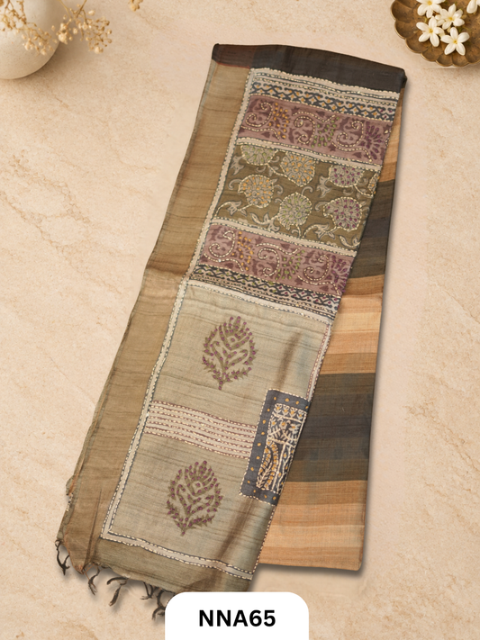 Handloom Pure Tussar Silk - Bullion With Kantha Stitch Saree