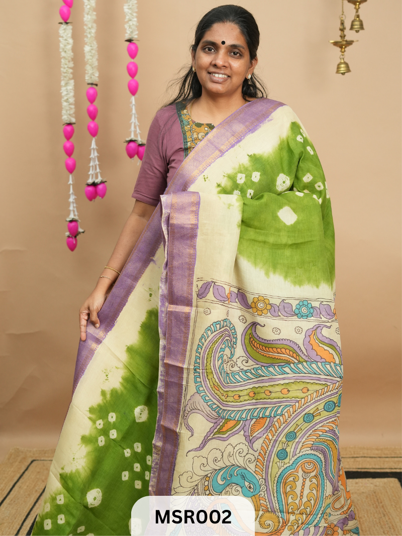 BANGLORE SILK MANGALAGIRI BORDER KALAMKARI TIE AND DIE