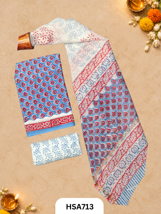 HandBlock Printed Chanderi Silk Dupatta With Cotton Suits -Top 2.5M Duptta 2.5M