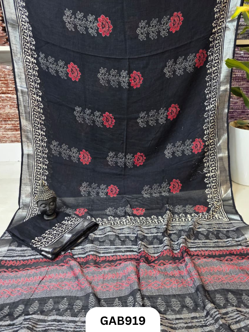 Bagru Handblock Print Linen Saree With Attached Blouse
