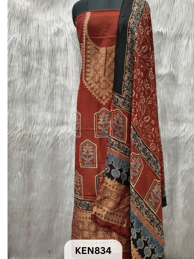 DOLA SILK NATURAL DYE HANDBLOCK PRINT 2PC -UNSTICHED SUIT(3.30MTRTOP 2.20MTR DUPPATA