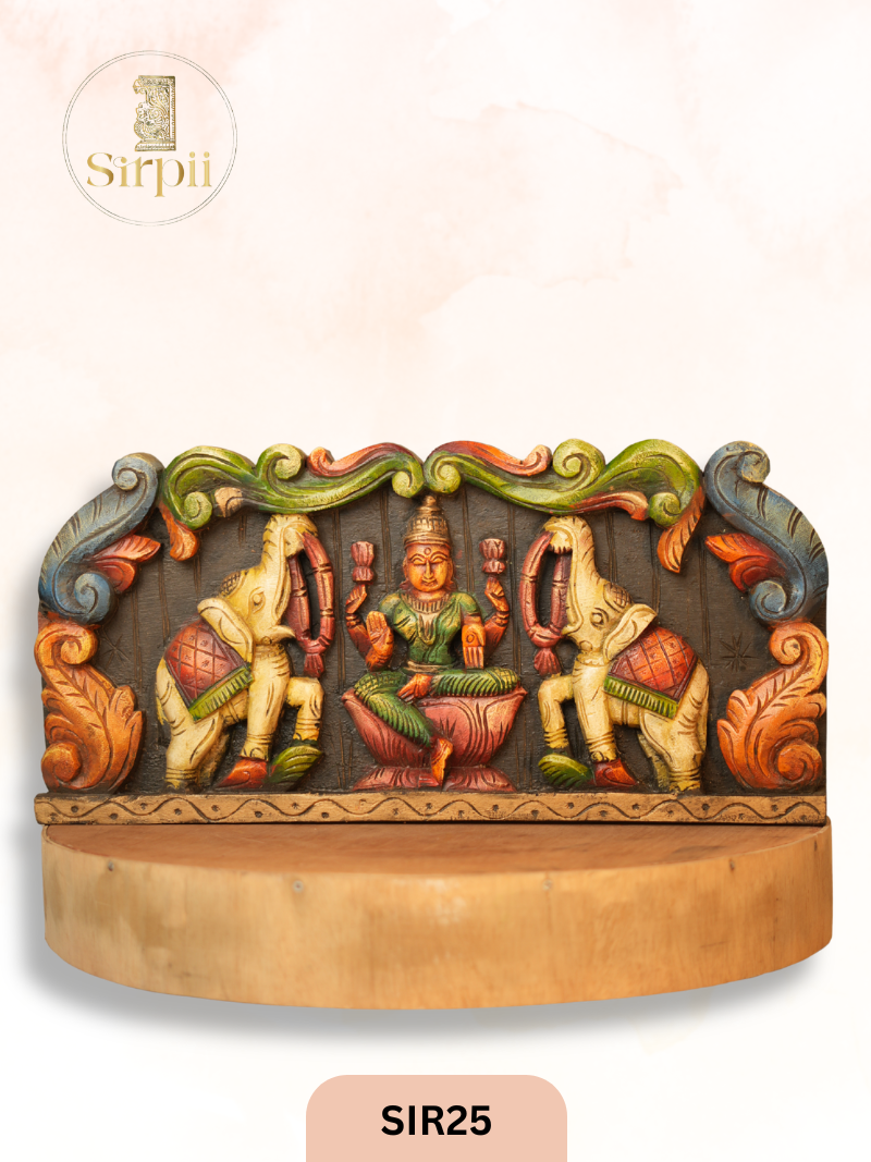Wooden Goddess Lakshmi With Elephants Panel - Height 11" INCH, WIDTH 24"INCH
