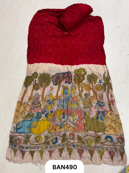 Pure Modal Bandhini x Penkalamkari Fusion Saree With Lagdi Patta