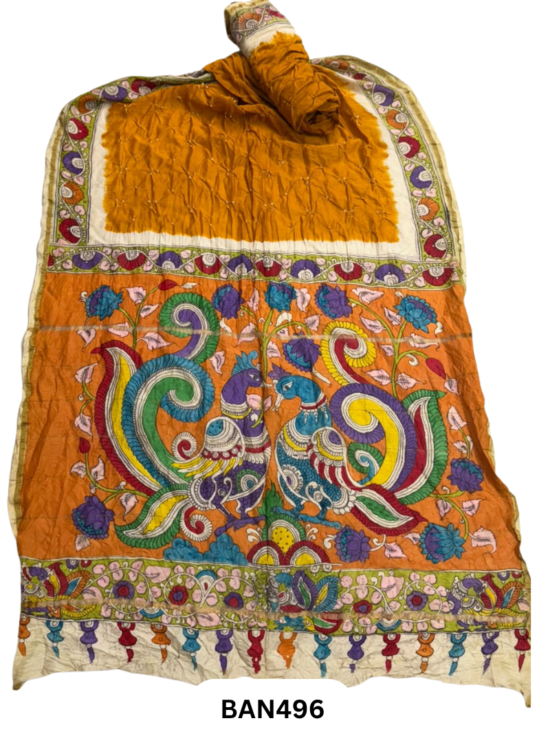 Pure Chanderi Silk X Bandhini Penkalamkari Fusion Saree