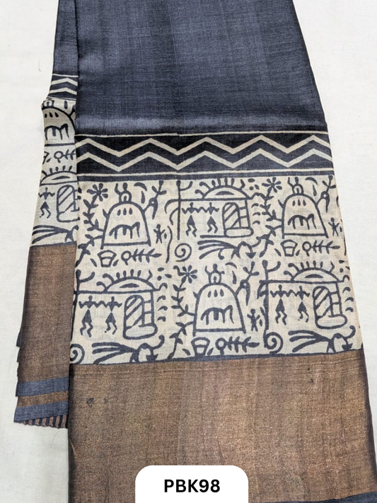 Premium Pure Tussar Silk Handblock Print Saree – Kolkata Special