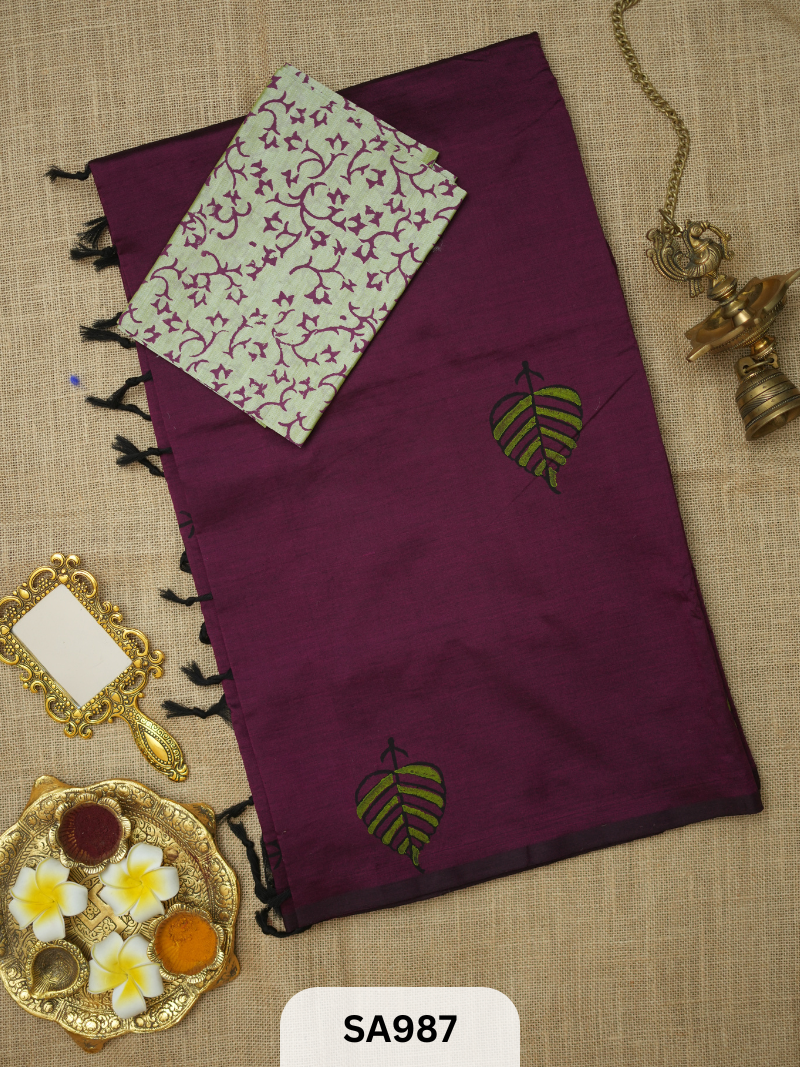 SILK COTTON EMBROIDERY HANDBLOCK SAREE