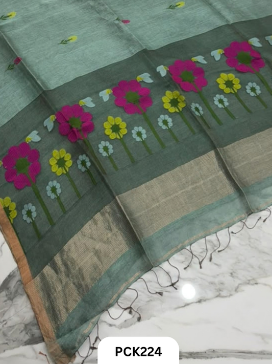 Pure Handloom Linen Silk Saree with Jamdani Weave