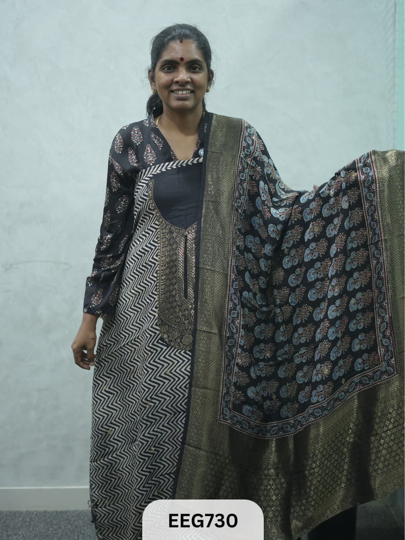 AJRAKH DOLA SILK 2 PCS-UNSTITCHED ( TOP 3.5MTR AND DUPPATA 2.25MTR ) - IMMEDIEATE DISPATCH