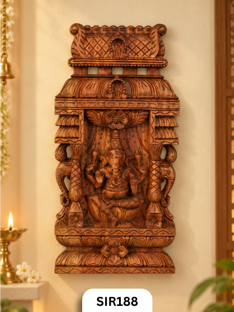 Divine Ganesha Handcrafted Wooden Temple Wall Panel