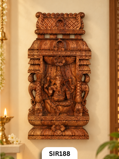 Divine Ganesha Handcrafted Wooden Temple Wall Panel