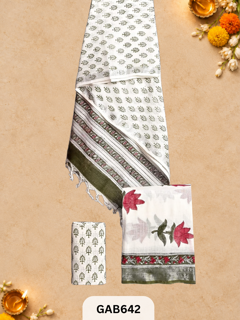 Bagru Hand Block Printed Linen Suits With Zari Border