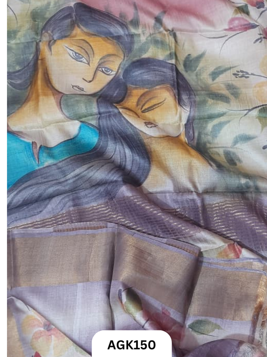 Premium Zari Border Tussar Hand-Painted Saree – Silk Mark Certified
