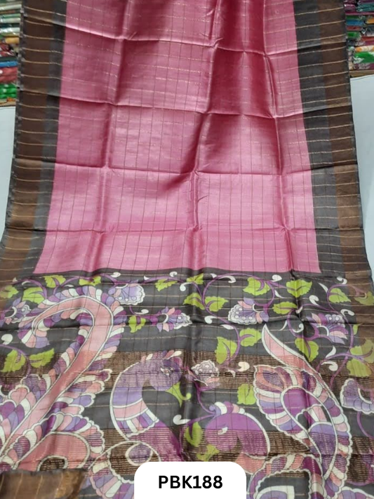 Pure Tussar Silk Saree with Checked design  Plain Body with Kalamkari Design in Pallu