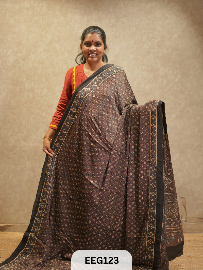 AJRAKH MODAL SAREE WITH KHATLI HANDWORK