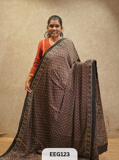AJRAKH MODAL SAREE WITH KHATLI HANDWORK
