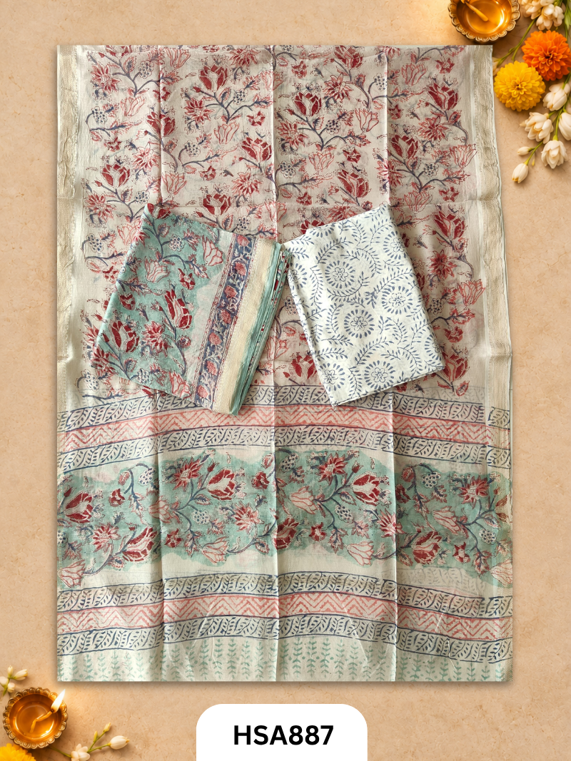 HandBlock Printed Maheshwari Silk Zari Border Top & dupttas 2.5 Mtrs | Bottom cotton 2.50 mtrs