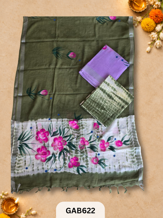 Bagru Hand Block Printed Linen Suits With Zari Border