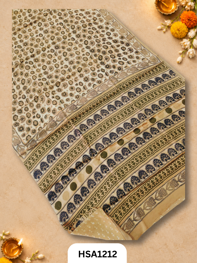 Hand Block Print Ajarkh Vanaspati Modal Silk Saree with blouse
