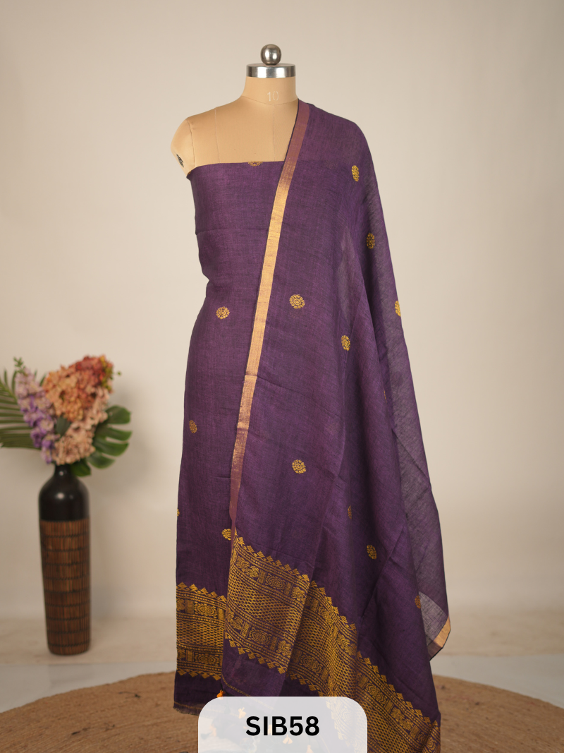 FUSION PURE LINEN INTO KANCHIPURAM SALWAR SUIT - HANDLOOM