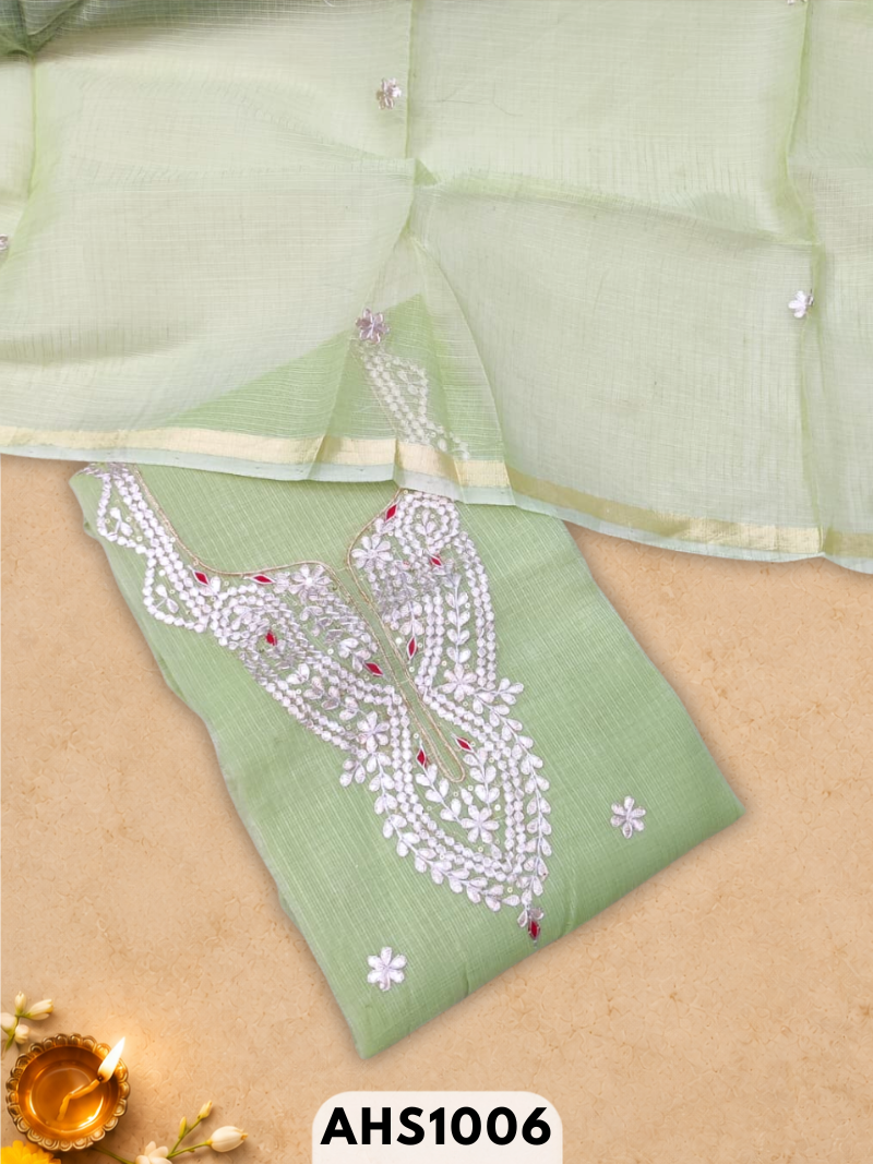 Kota Doria Pitta Work Salwar Suit - Top & Dupatta 2.5mtr