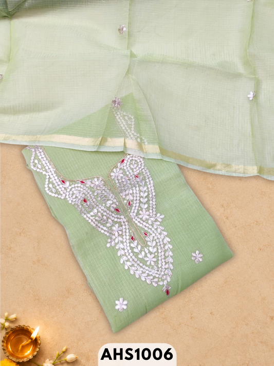 Kota Doria Pitta Work Salwar Suit - Top & Dupatta 2.5mtr