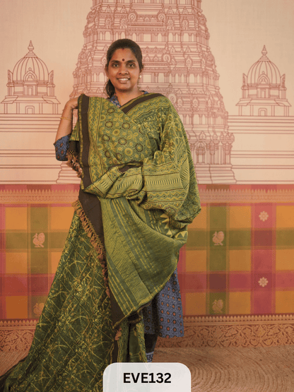 PURE CHANDERI SILK AJRAKH HANDBLOCK SAREE