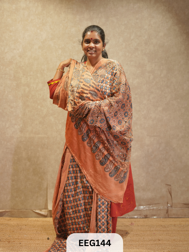 AJRAKH MODAL SAREE WITH KHATLI HANDWORK