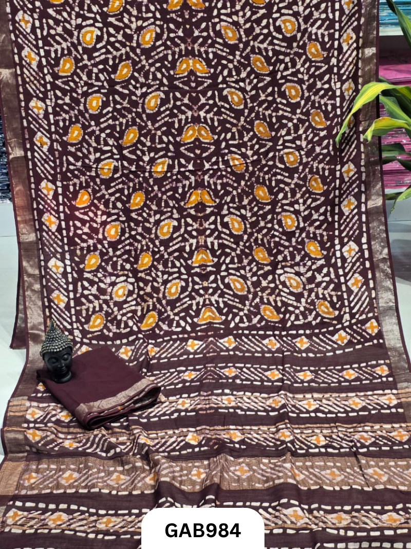 Bagru Handblock Print Linen Saree With Attached Blouse