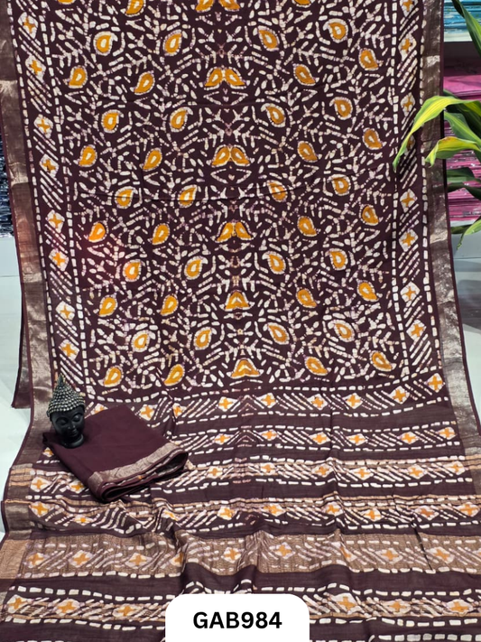 Bagru Handblock Print Linen Saree With Attached Blouse