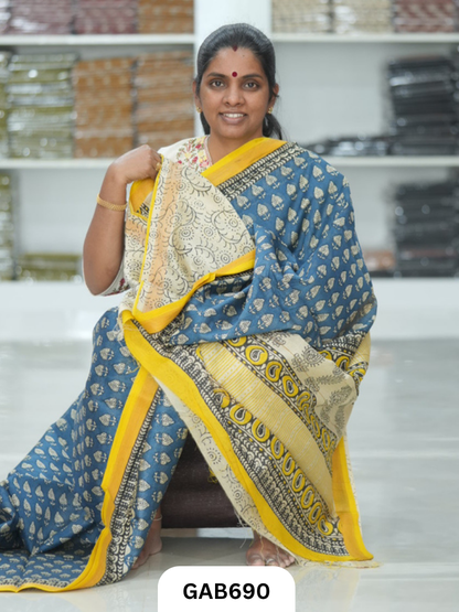 Hand Block Printed Maheshwari Silk Saree