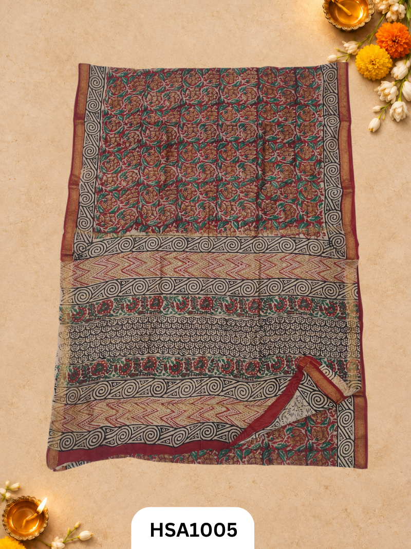Pure Maheswari Silk Cotton - Handblock Print Saree With Blouse