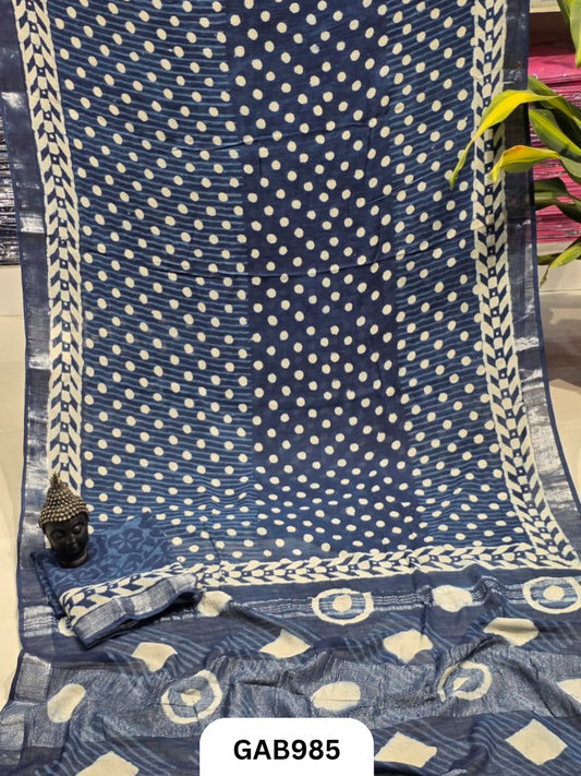 Bagru Handblock Print Linen Saree With Attached Blouse