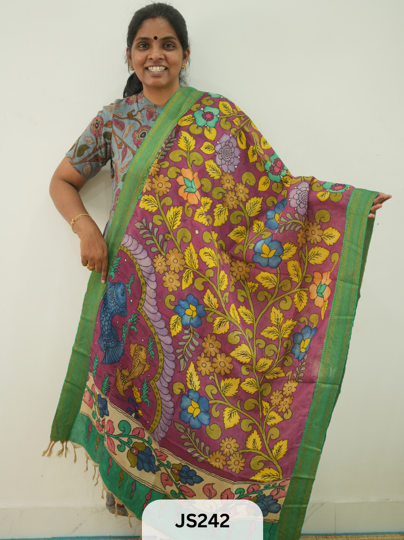 PEN KALAMKARI CHENNURI SILK DUPATTA