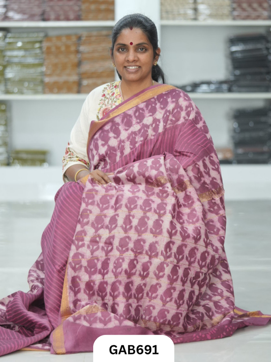 Hand Block Printed Maheshwari Silk Saree