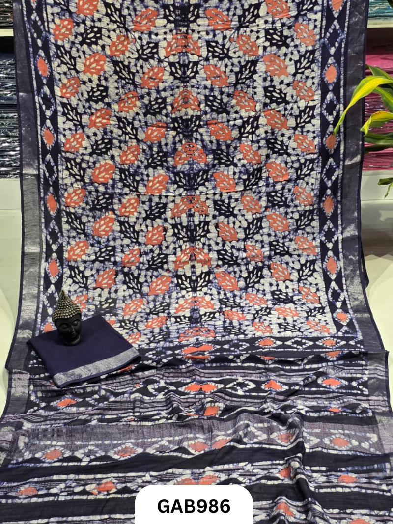 Bagru Handblock Print Linen Saree With Attached Blouse
