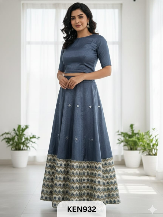 MASHRU NATURAL PLAIN &PRINTED KALI SKIRT WITH MIRROR WORK