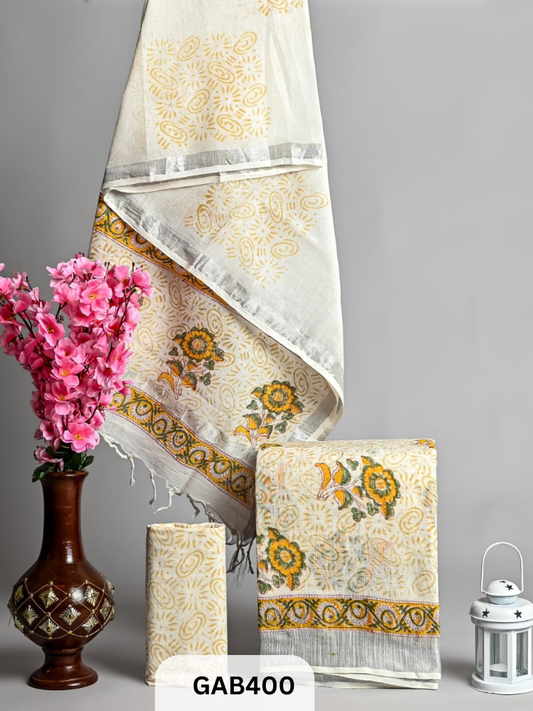 BAGRA HAND BLOCK PRINTED LINEN SUITS WITH ZARI BORDER - 3 pcs