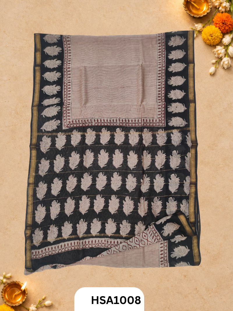 Pure Maheswari Silk Cotton - Handblock Print Saree With Blouse
