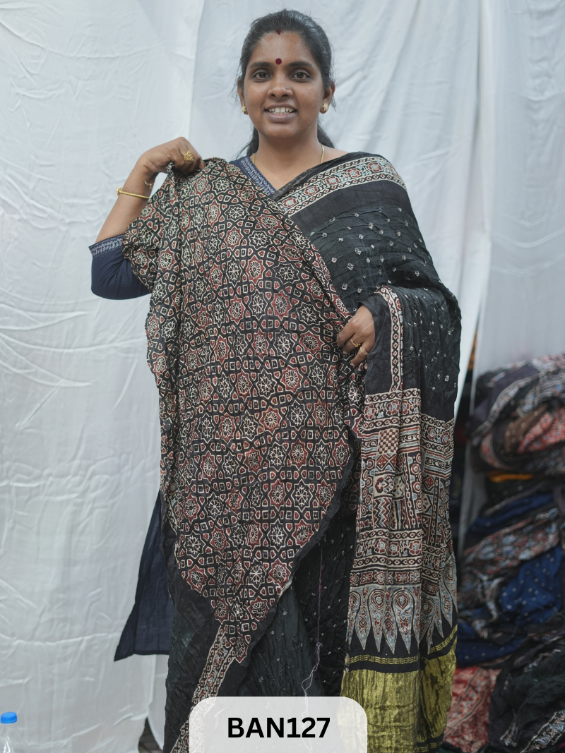 BANDHANI WITH AJRAKH SEMI GAJI SAREE