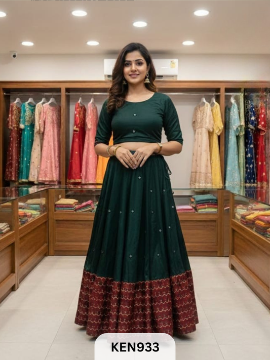 MASHRU NATURAL PLAIN &PRINTED KALI SKIRT WITH MIRROR WORK