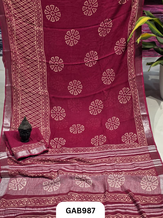 Bagru Handblock Print Linen Saree With Attached Blouse